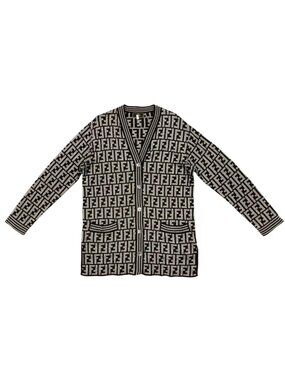 Fendi Cardigan Vintage Zucca Long Cotton Rayon FF Logo Brown